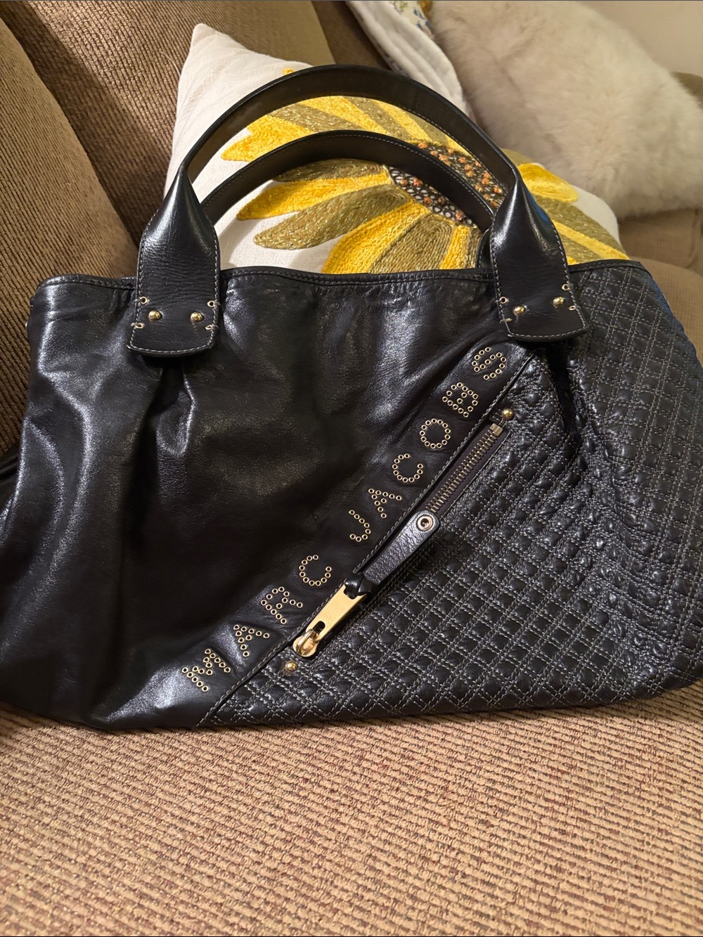Marc Jacobs Irina  Black Quilted Leather Tote with Quilted Panel and Stud Logo